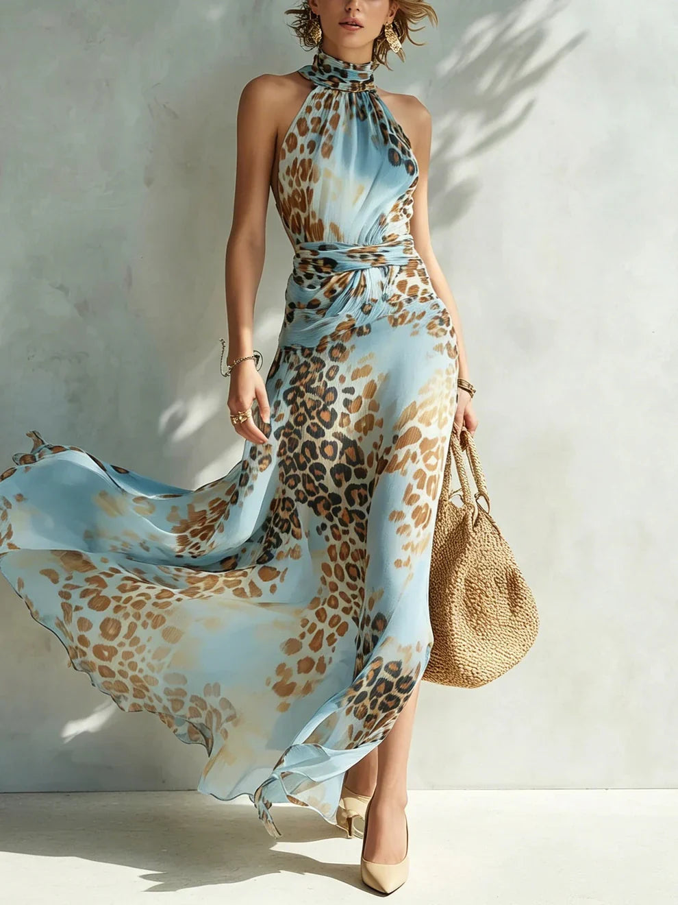 Eloria - Robe longue transparente à encolure américaine imprimée léopard