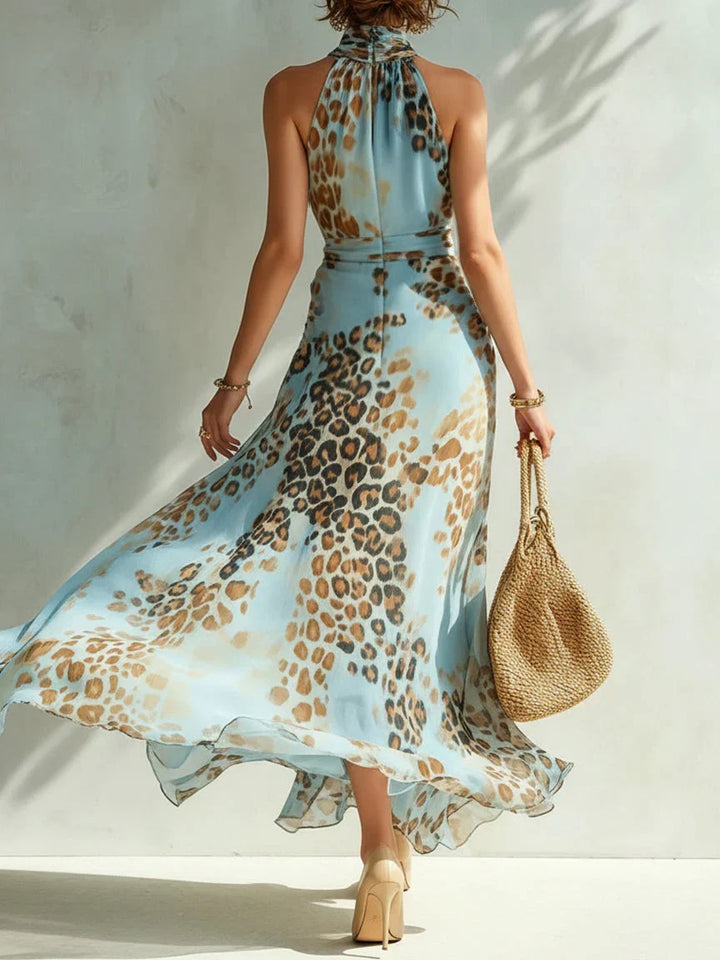 Eloria - Robe longue transparente à encolure américaine imprimée léopard