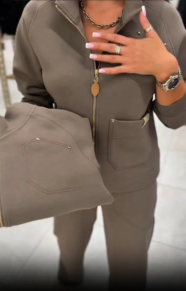 Floranique - Ensemble deux pièces au toucher doux : veste courte zippée et pantalon large