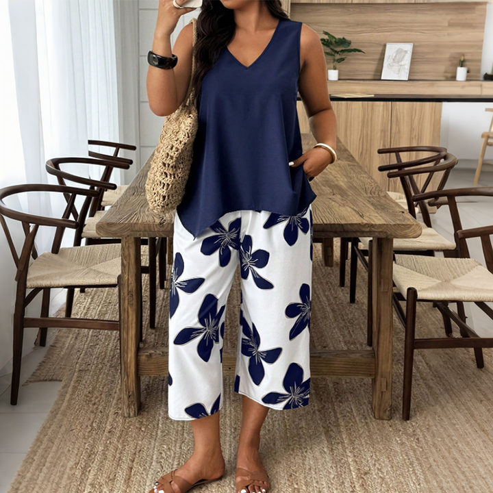 Marissa - Top asymétrique au toucher doux & ensemble pantacourt fleuri