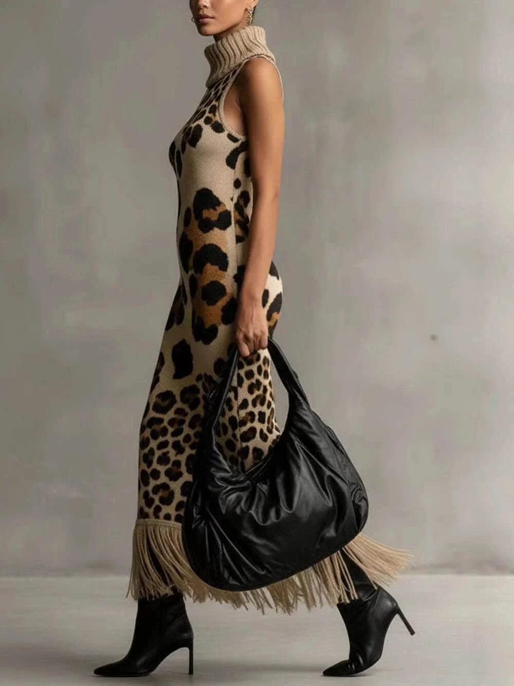 Oksana - Robe maxi imprimé léopard à franges