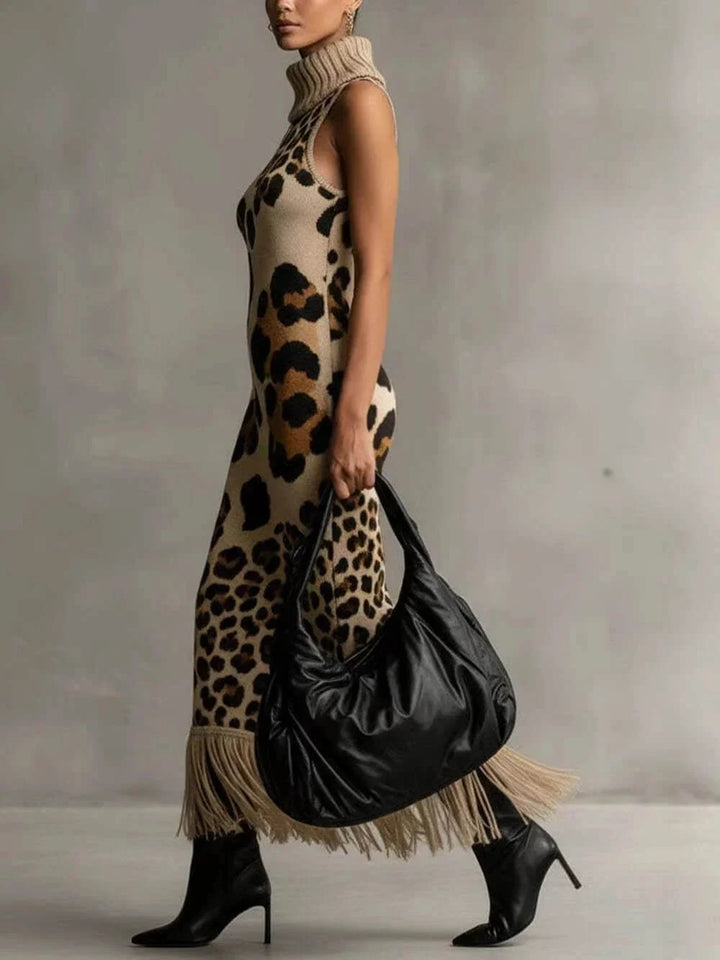 Oksana - Robe maxi imprimé léopard à franges