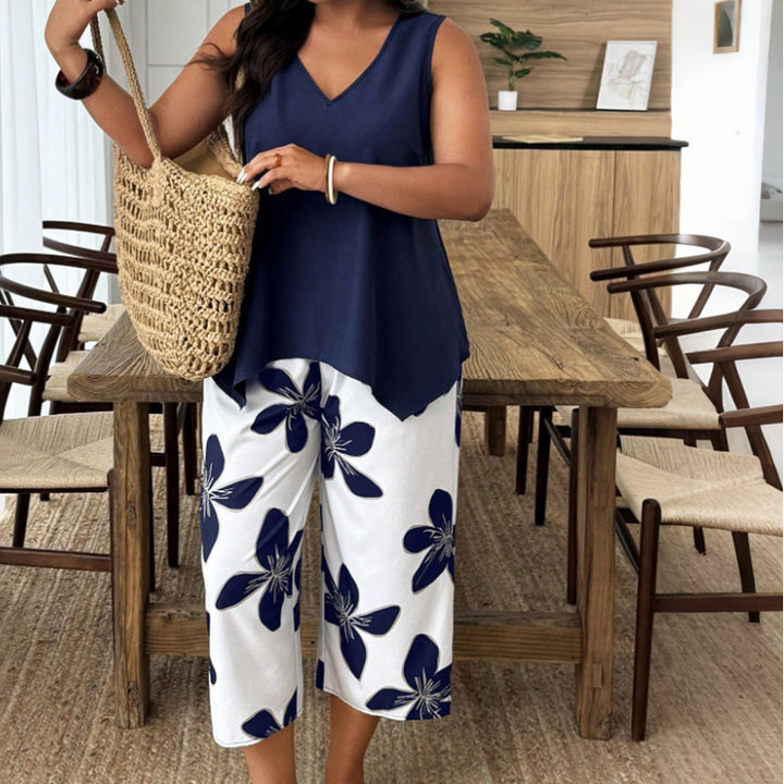 Marissa - Top asymétrique au toucher doux & ensemble pantacourt fleuri