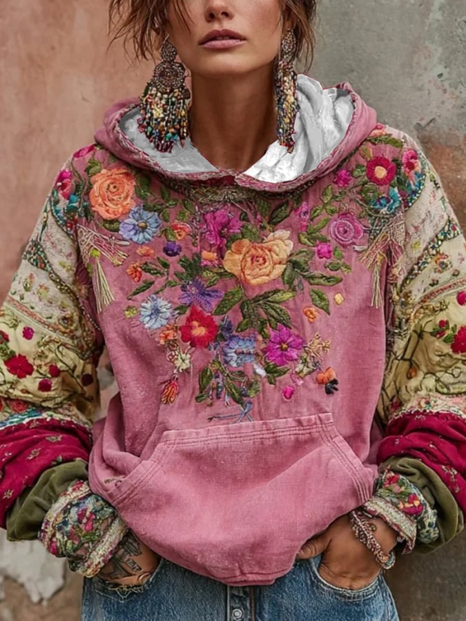 Norellia - Sweat à capuche bohème brodé à motifs floraux