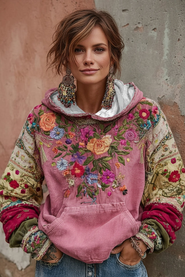 Norellia - Sweat à capuche bohème brodé à motifs floraux