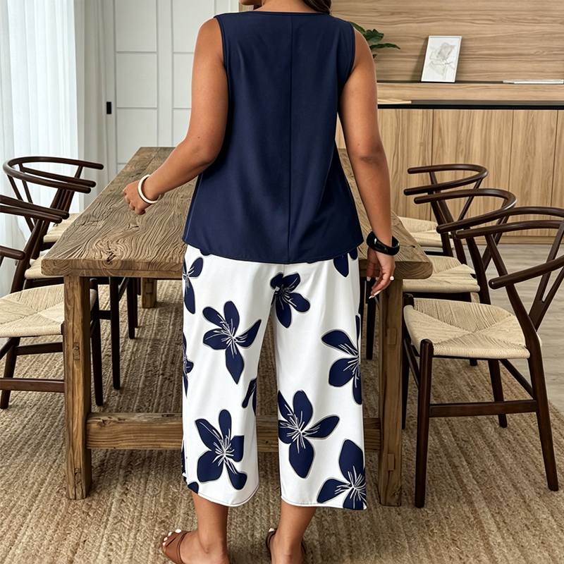 Marissa - Top asymétrique au toucher doux & ensemble pantacourt fleuri