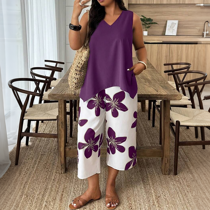 Marissa - Top asymétrique au toucher doux & ensemble pantacourt fleuri