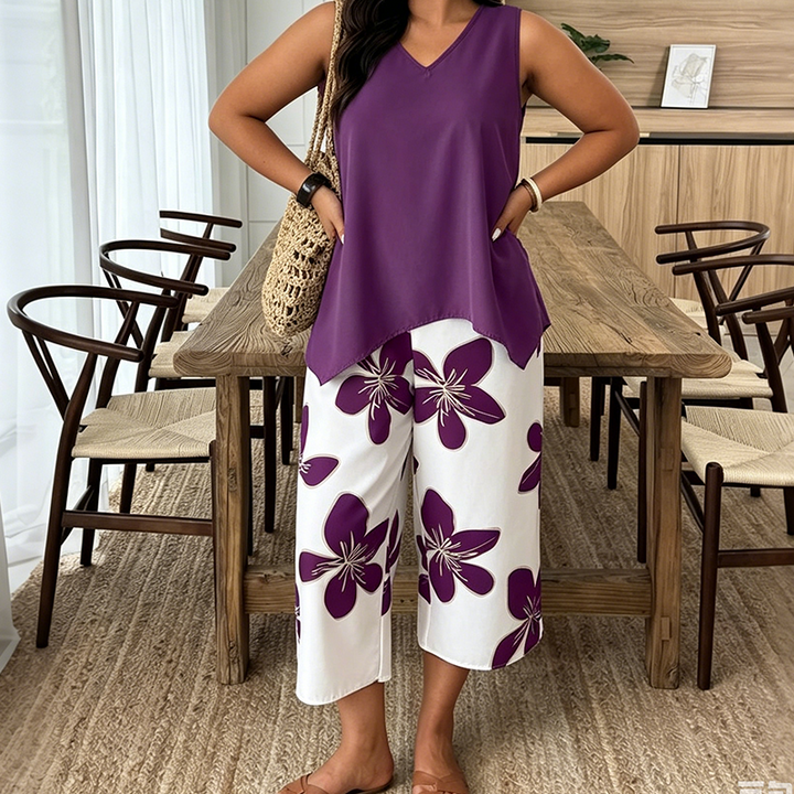 Marissa - Top asymétrique au toucher doux & ensemble pantacourt fleuri