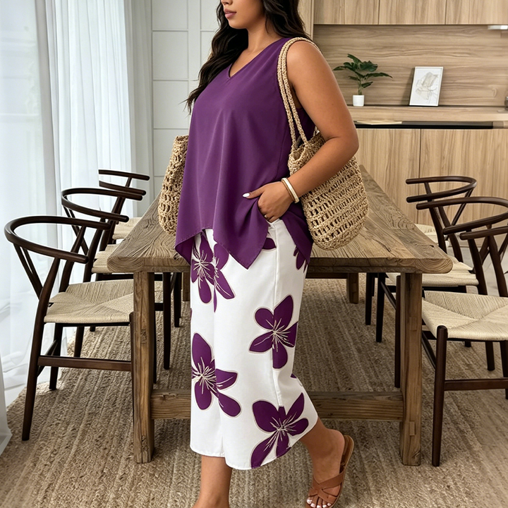 Marissa - Top asymétrique au toucher doux & ensemble pantacourt fleuri