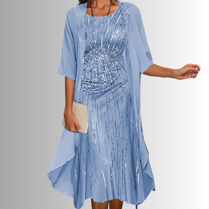 Delavelle - Ensemble coordonné élégant avec robe midi à volants superposés
