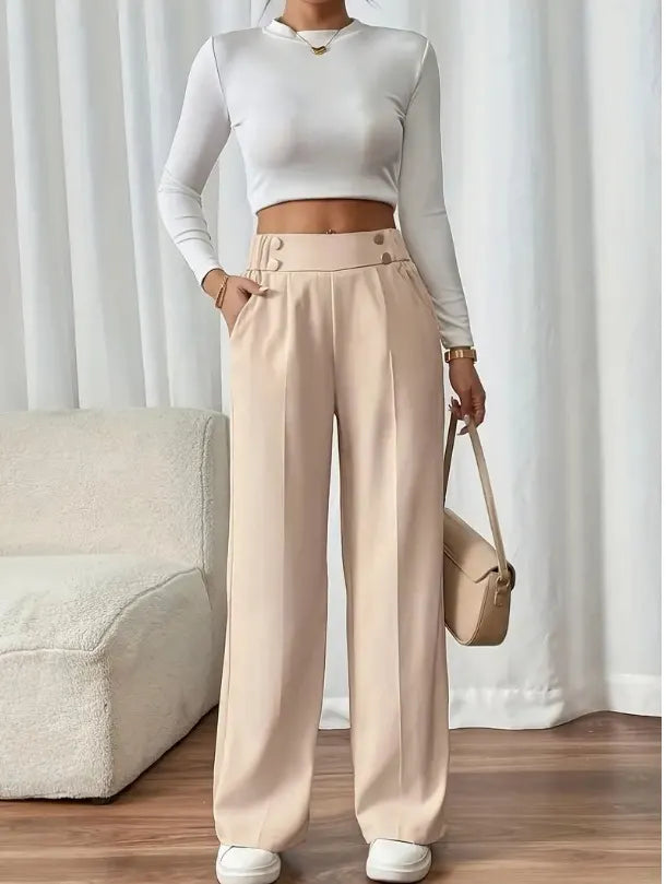 Ashlena - Pantalon large taille haute au toucher doux