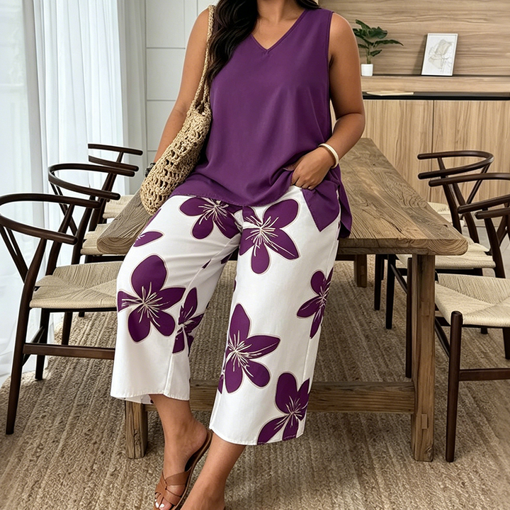 Marissa - Top asymétrique au toucher doux & ensemble pantacourt fleuri