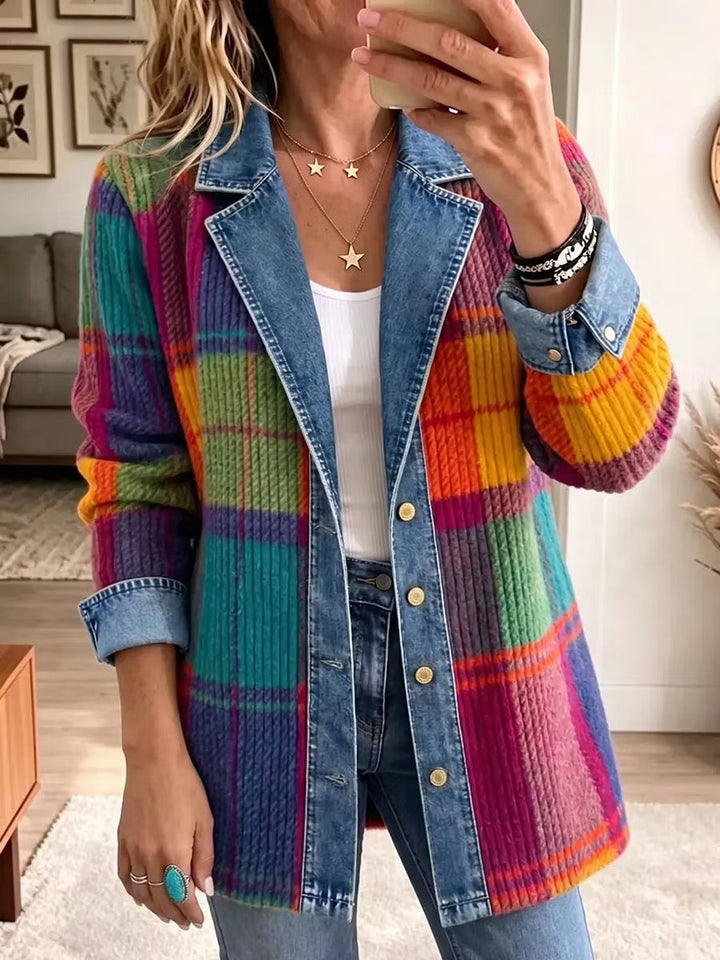 Sasha - Veste en denim tricotée à carreaux multicolores
