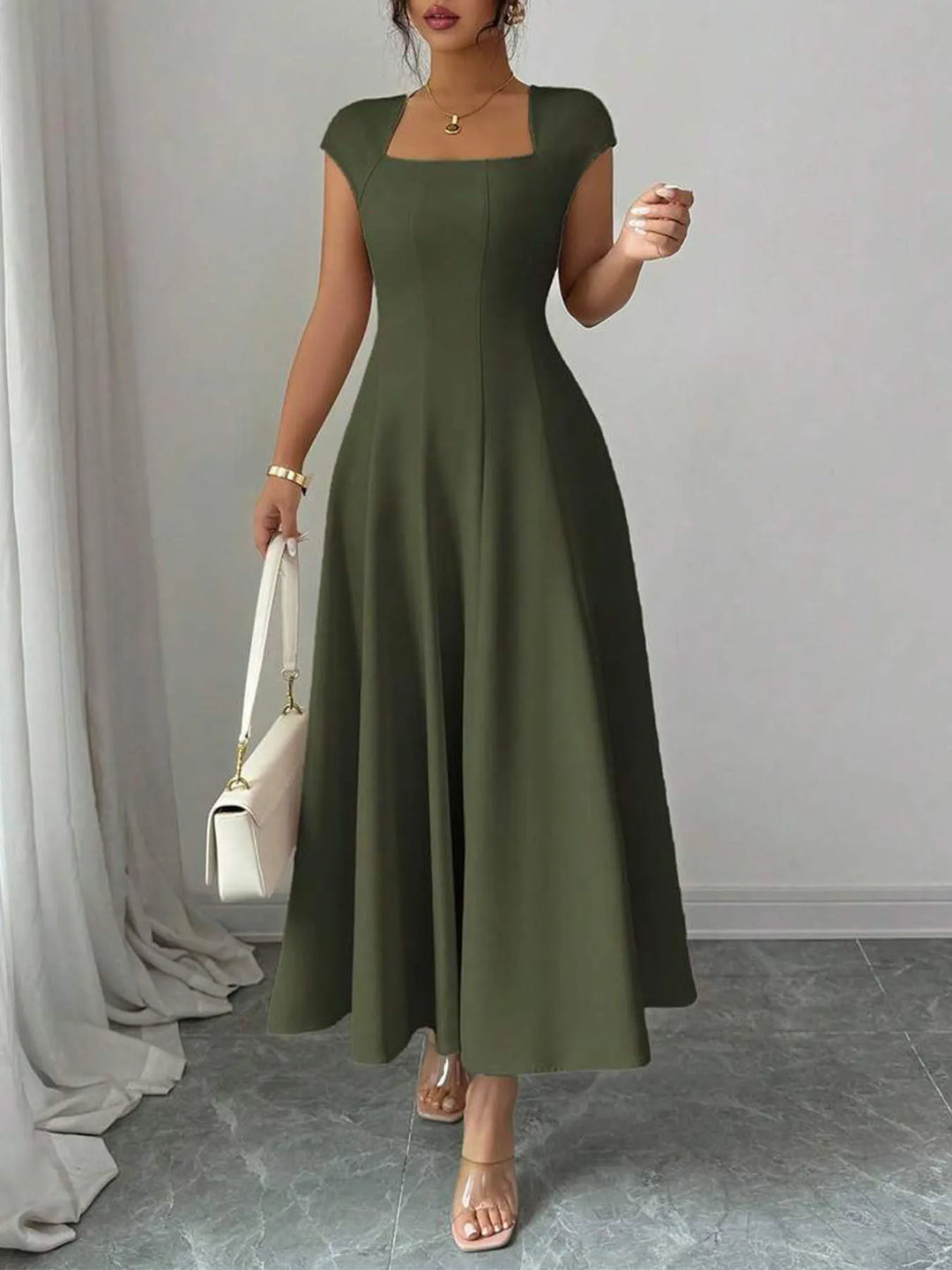 Ysolenne - Robe midi à encolure carrée, douce au toucher
