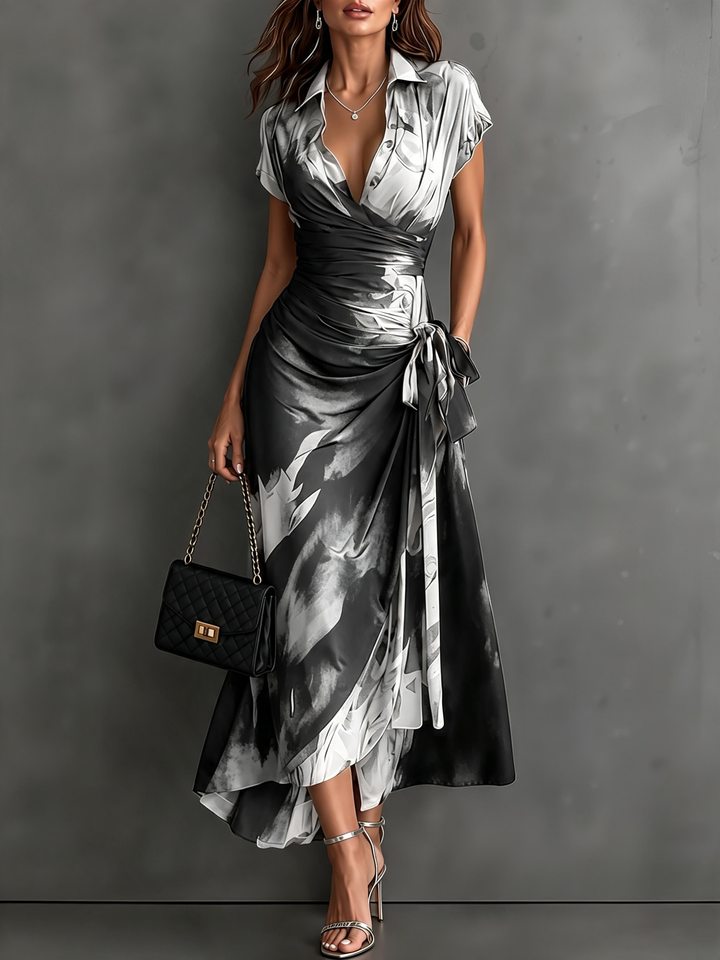 Roselle - Robe longue à col chemisier au drapé soyeux