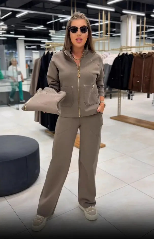 Floranique - Ensemble deux pièces au toucher doux : veste courte zippée et pantalon large