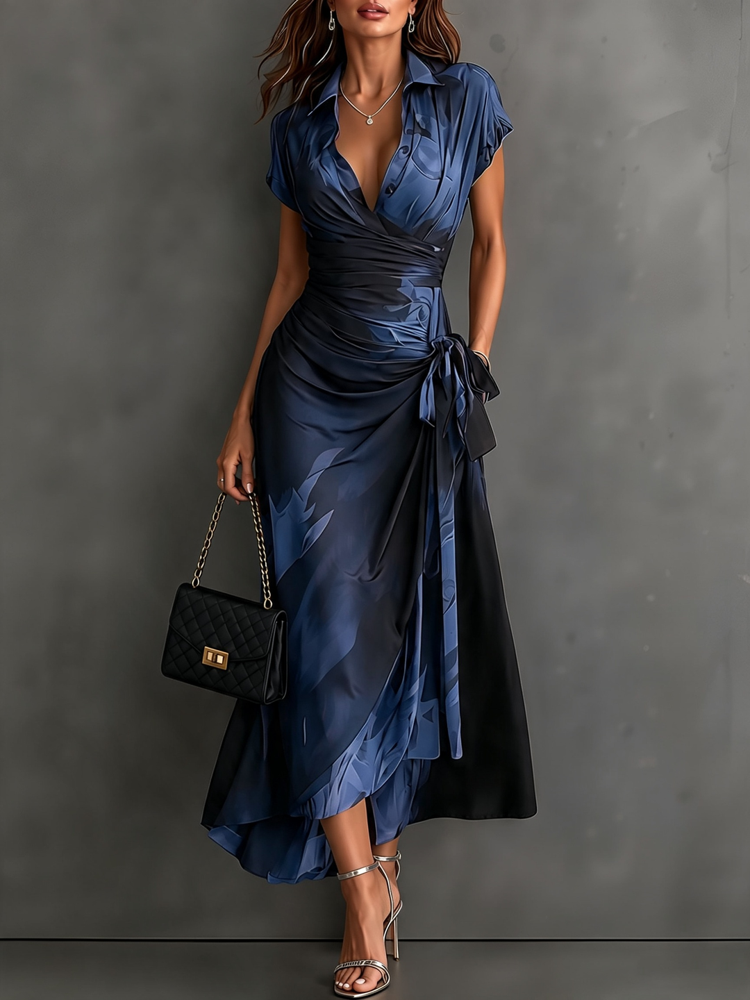 Roselle - Robe longue à col chemisier au drapé soyeux