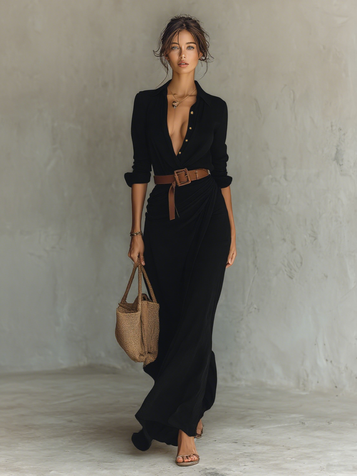 Calantha - Robe-chemise maxi ceinturée au toucher doux