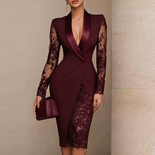 Menna - Robe midi cintrée à manches en dentelle élégantes