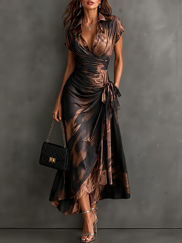 Roselle - Robe longue à col chemisier au drapé soyeux