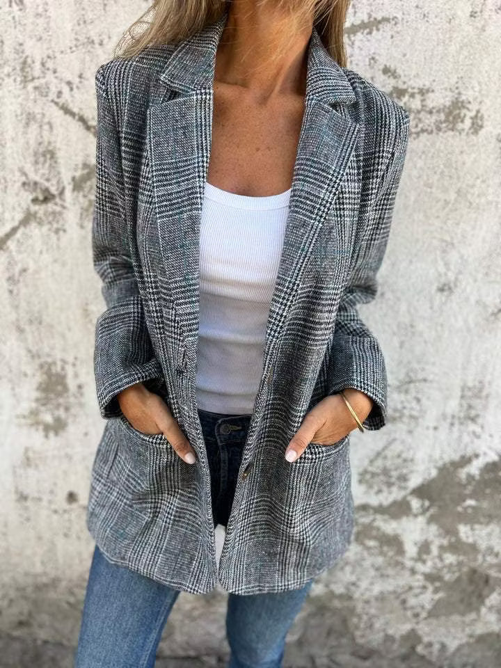 Eira - Blazer long à carreaux, coupe ajustée