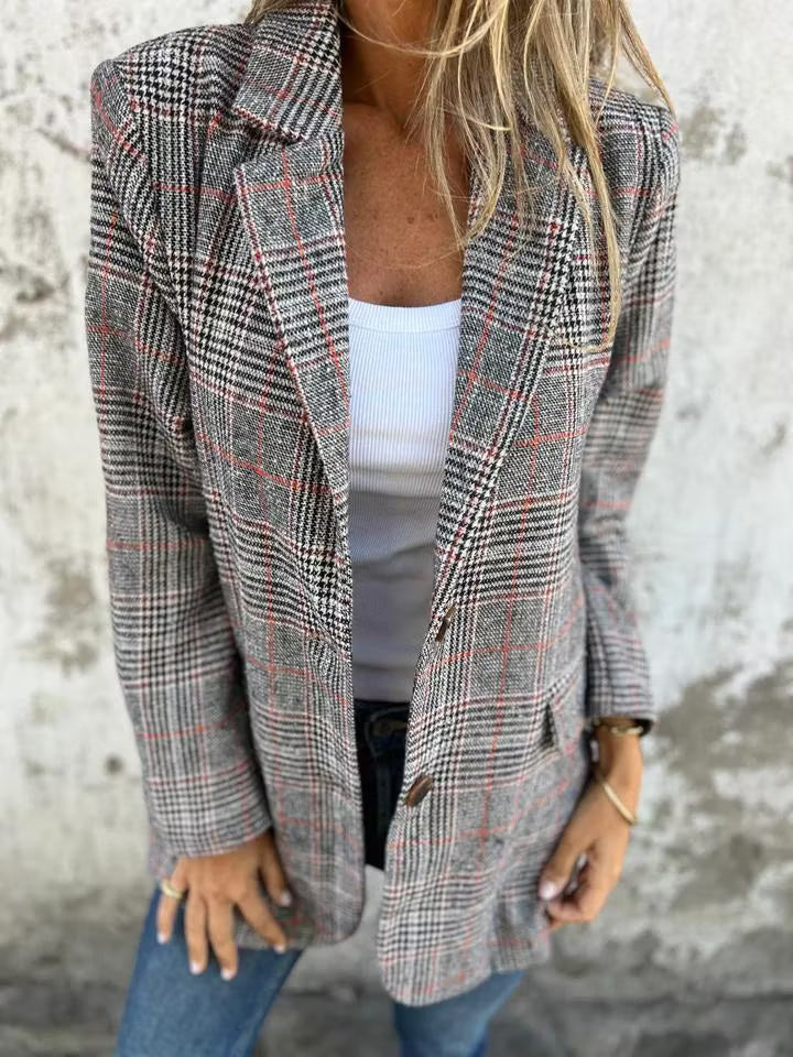 Eira - Blazer long à carreaux, coupe ajustée