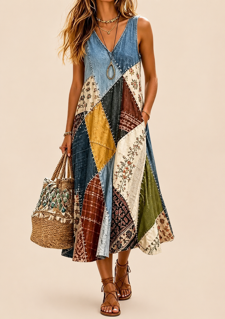 Arwyn - Robe bohème fluide à motif patchwork