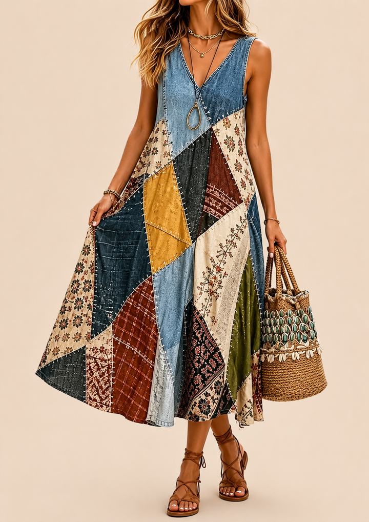 Arwyn - Robe bohème fluide à motif patchwork