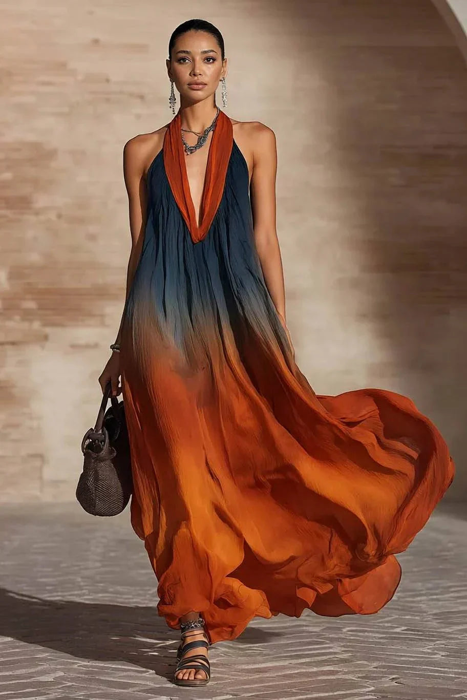 Calissa - Robe longue à col américain en tissu doux