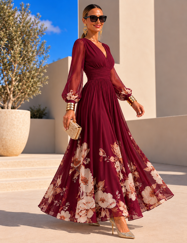 Pirelle - Robe longue fleurie à taille marquée