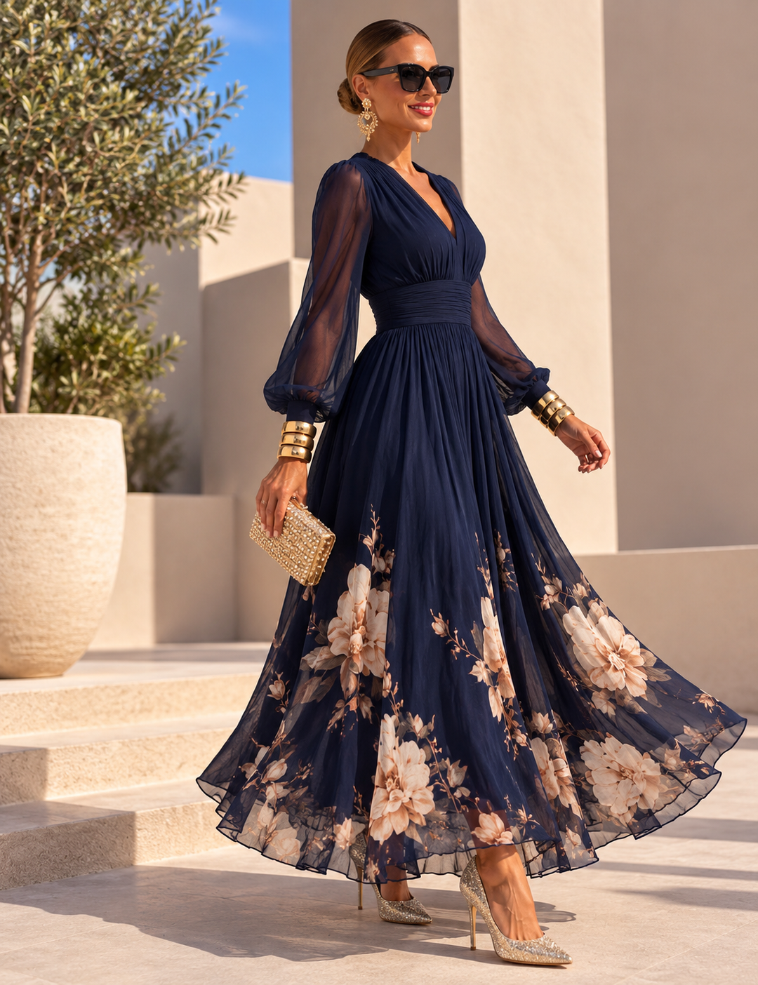 Pirelle - Robe longue fleurie à taille marquée