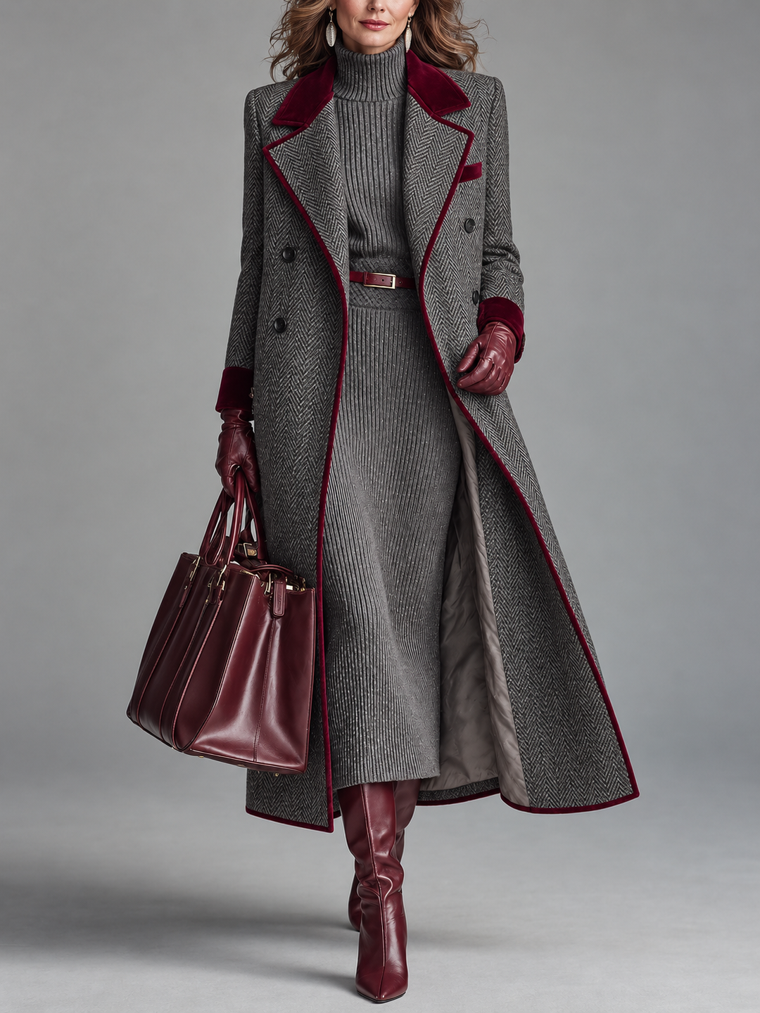 Sanna - Manteau long en pied-de-poule, coupe tailleur