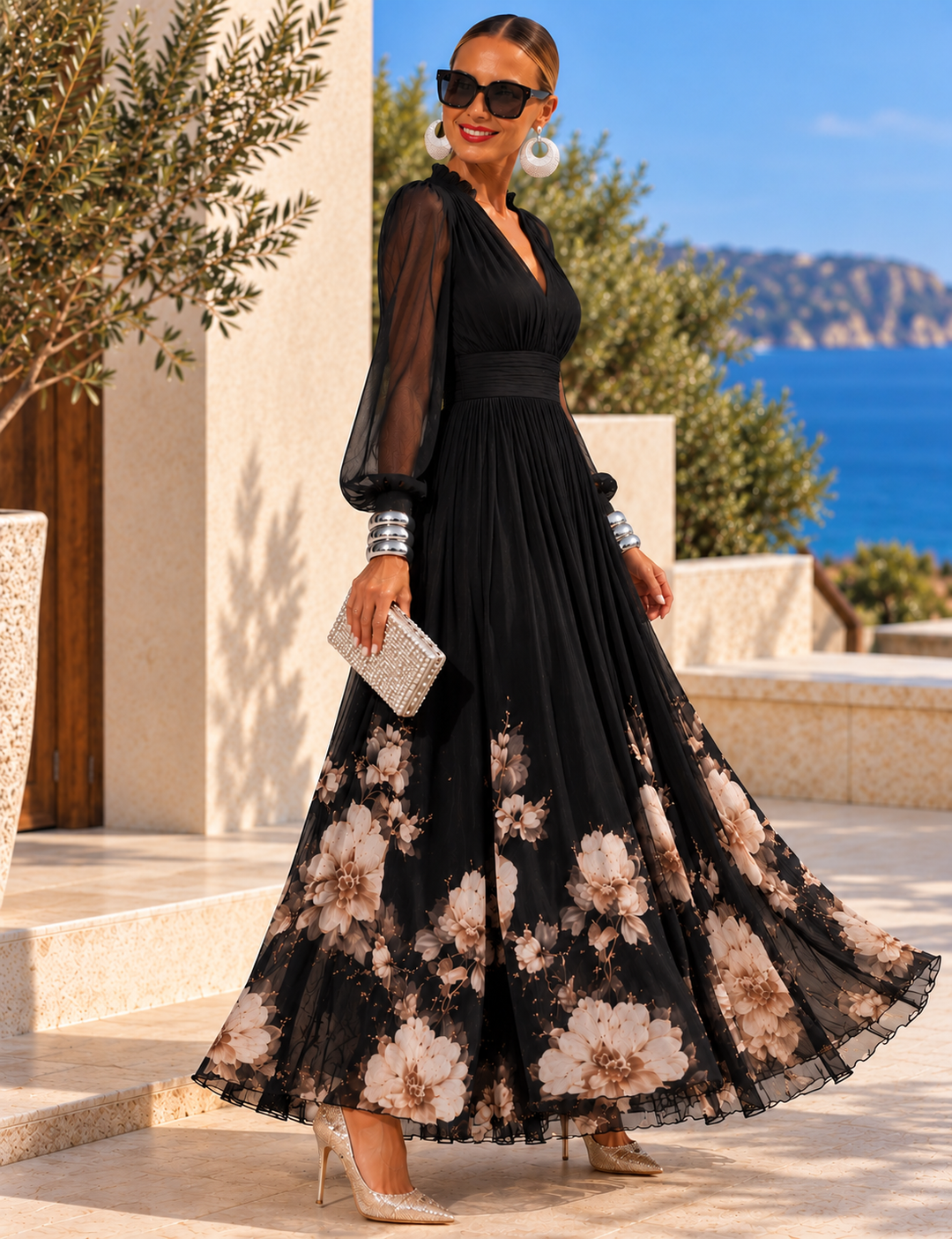 Pirelle - Robe longue fleurie à taille marquée