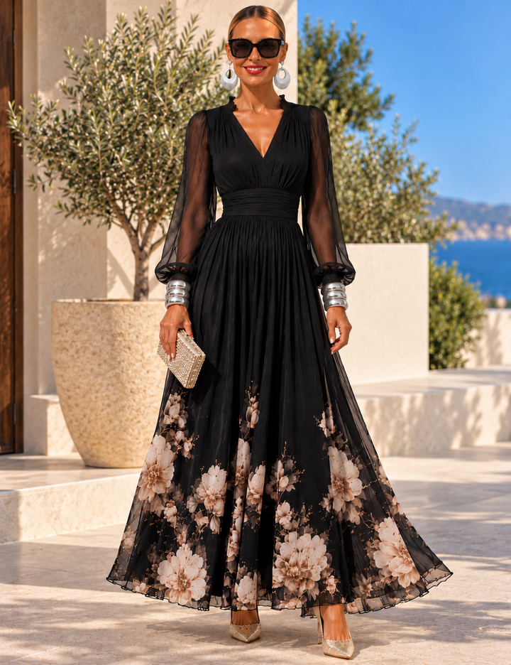 Pirelle - Robe longue fleurie à taille marquée