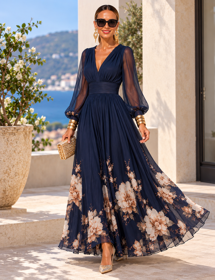 Pirelle - Robe longue fleurie à taille marquée