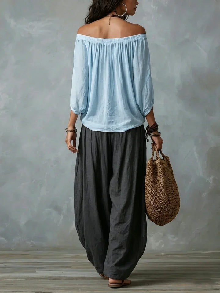 Ottavia - Ensemble avec top bardot bohème et pantalon sarouel