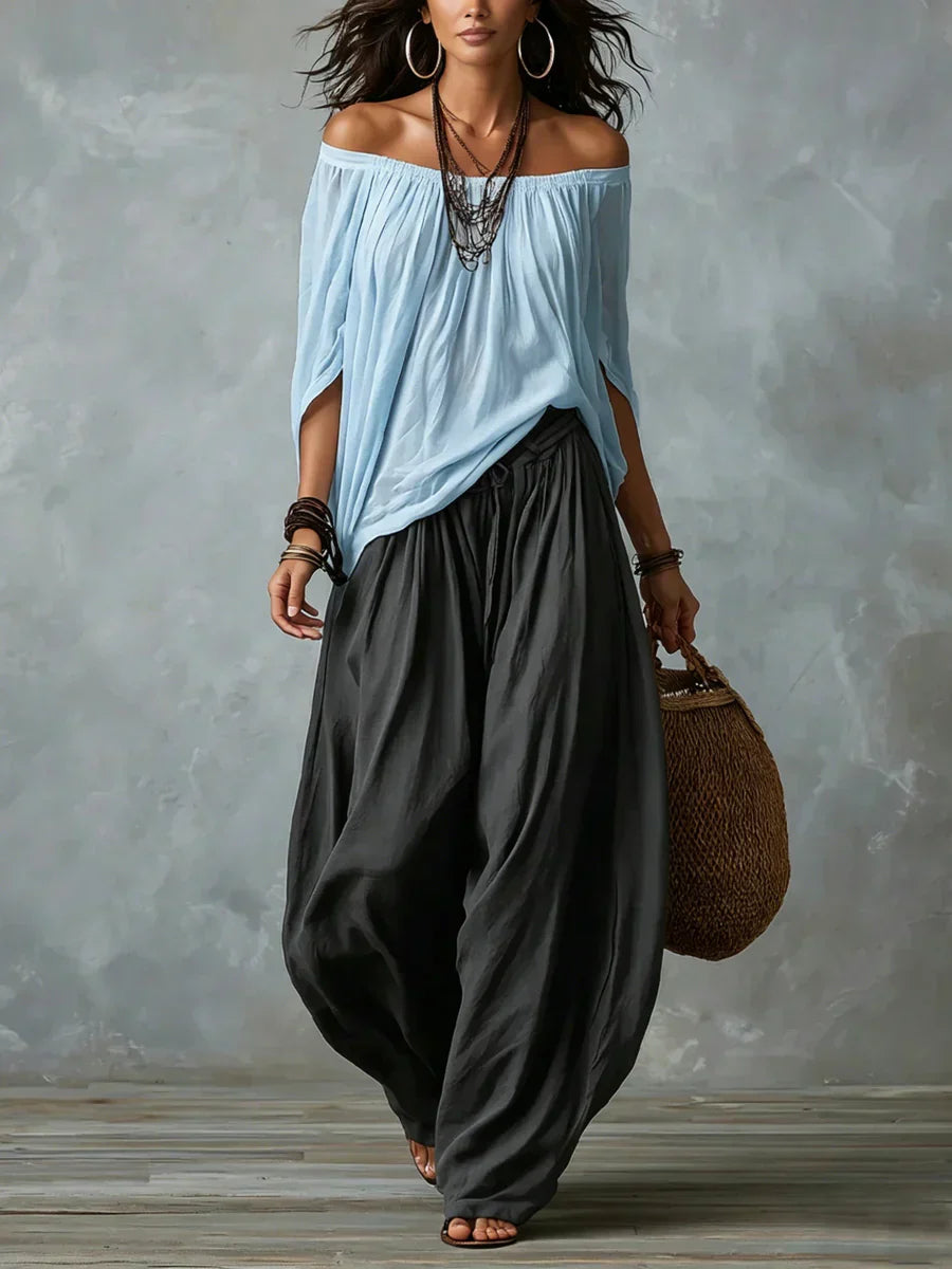 Ottavia - Ensemble avec top bardot bohème et pantalon sarouel