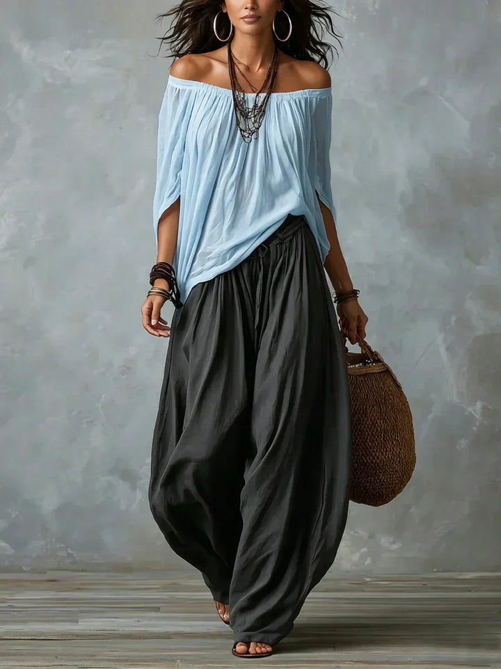 Ottavia - Ensemble avec top bardot bohème et pantalon sarouel