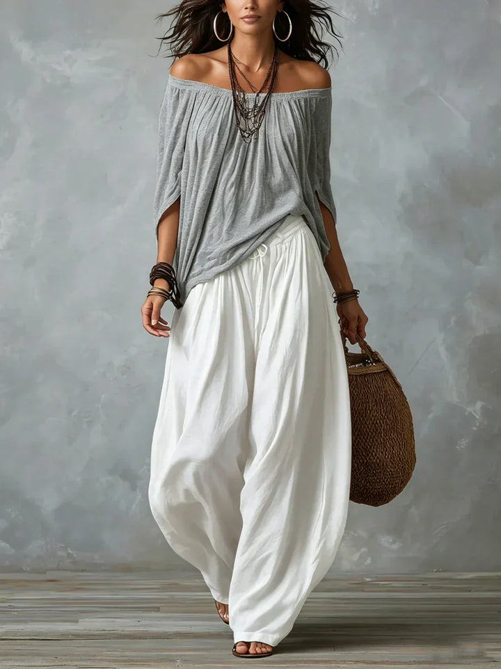 Ottavia - Ensemble avec top bardot bohème et pantalon sarouel