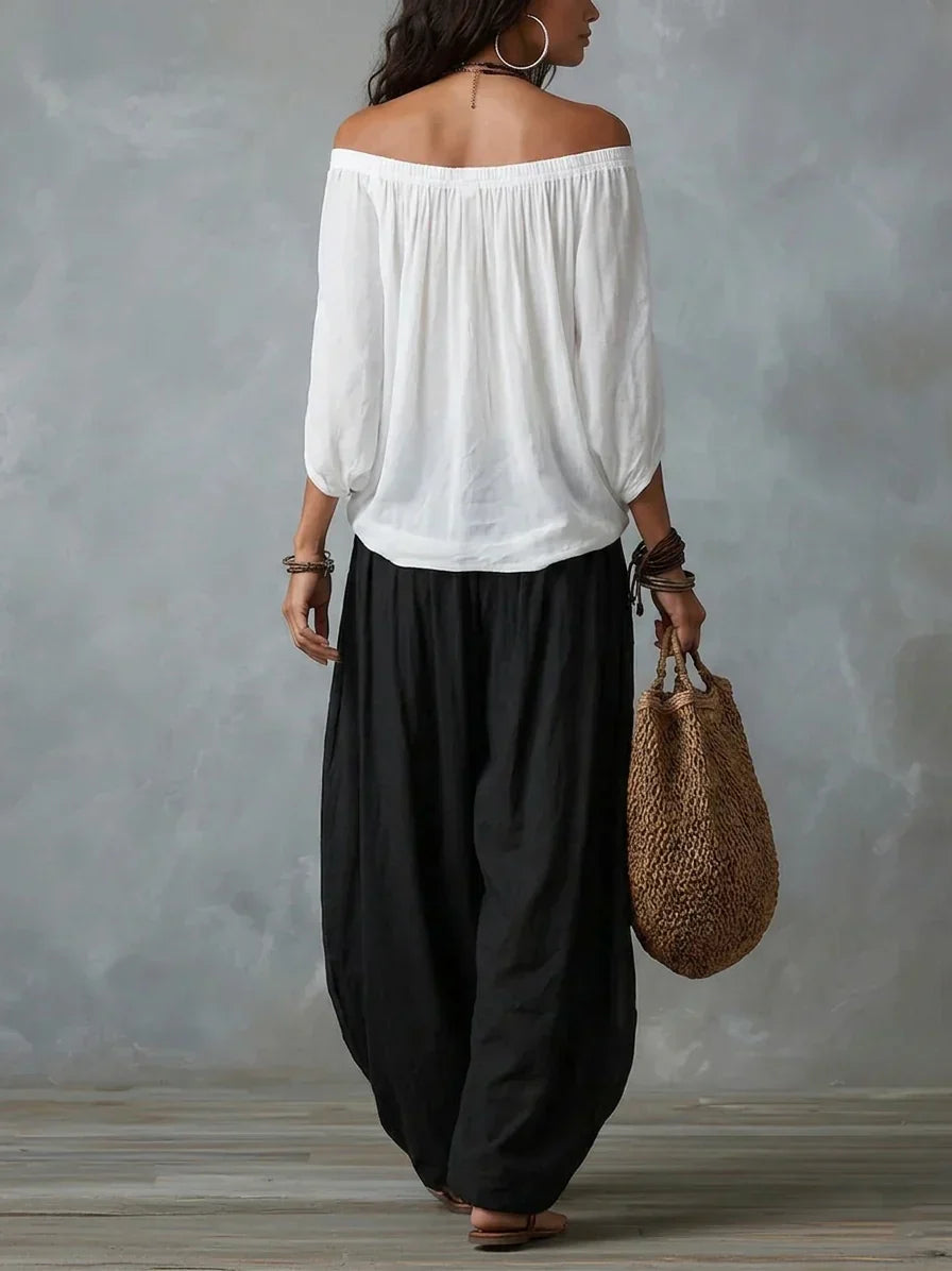 Ottavia - Ensemble avec top bardot bohème et pantalon sarouel