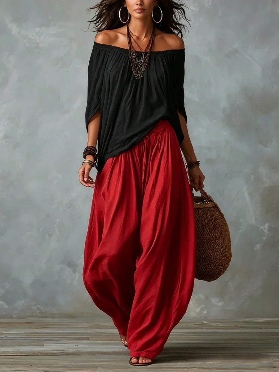Ottavia - Ensemble avec top bardot bohème et pantalon sarouel