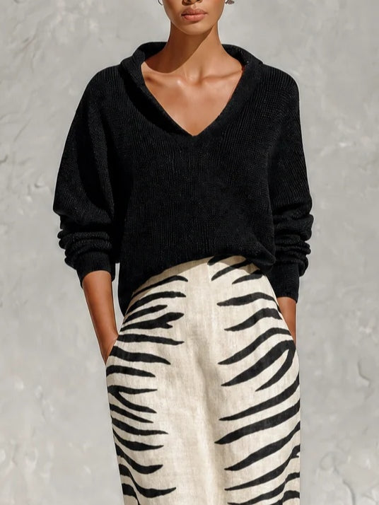 Aelyra - Ensemble pull en maille doux au toucher & jupe midi en lin imprimé zèbre