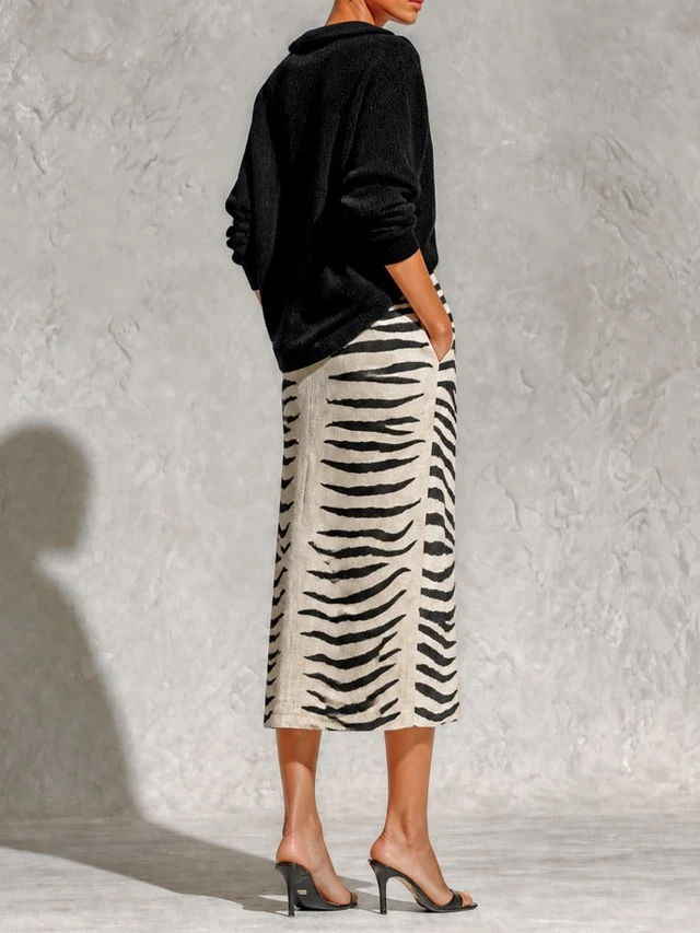 Aelyra - Ensemble pull en maille doux au toucher & jupe midi en lin imprimé zèbre
