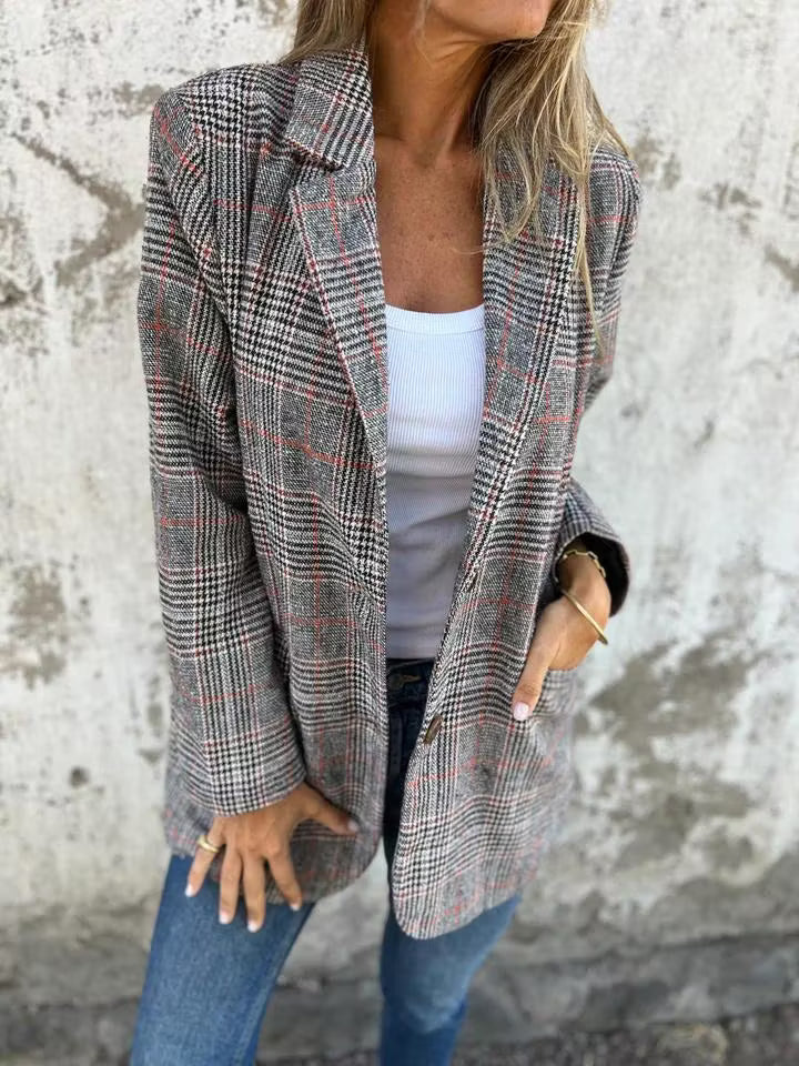 Eira - Blazer long à carreaux, coupe ajustée