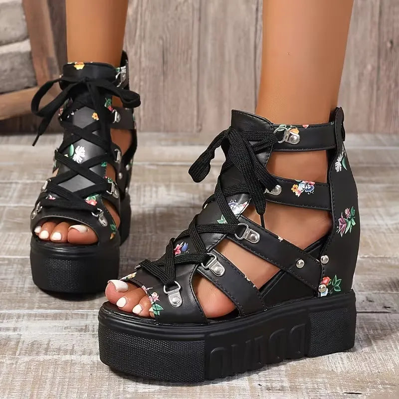 Gaelina - Sandales à plateforme en dentelle florale