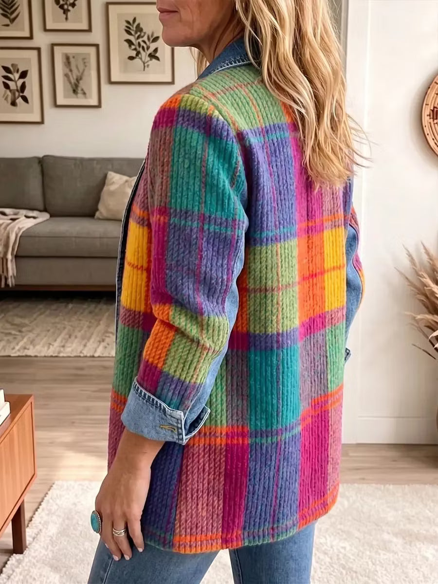 Sasha - Veste en denim tricotée à carreaux multicolores