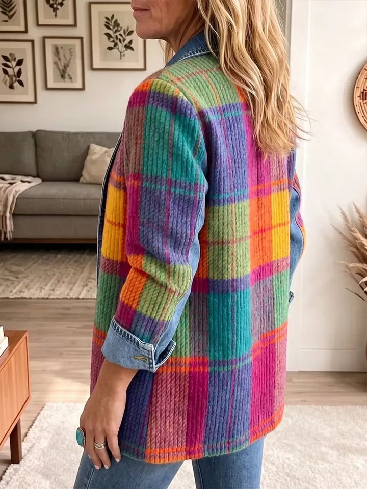Sasha - Veste en denim tricotée à carreaux multicolores