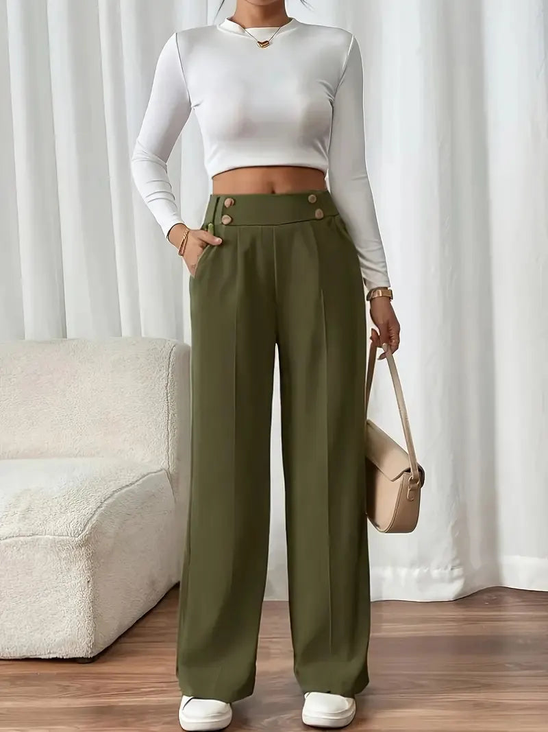 Ashlena - Pantalon large taille haute au toucher doux