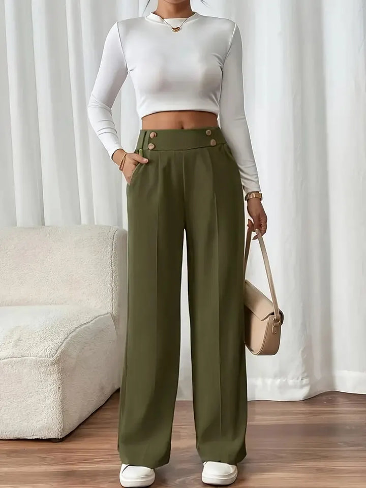 Ashlena - Pantalon large taille haute au toucher doux