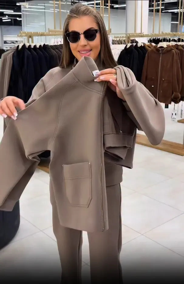 Floranique - Ensemble deux pièces au toucher doux : veste courte zippée et pantalon large